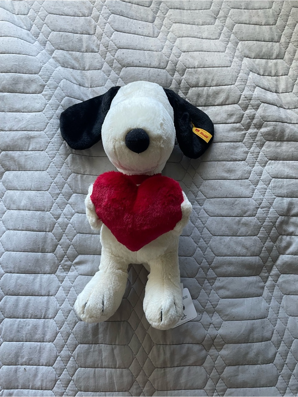 Plush Snoopy-Style Dog Holding Red Heart - White & Black